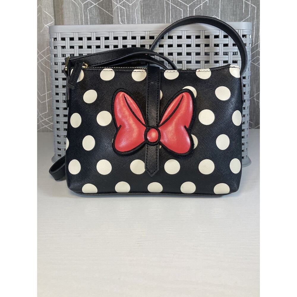 Disney Parks Minnie Mouse Red Bow Polka Dot Striped Crossbody Black Bag Purse